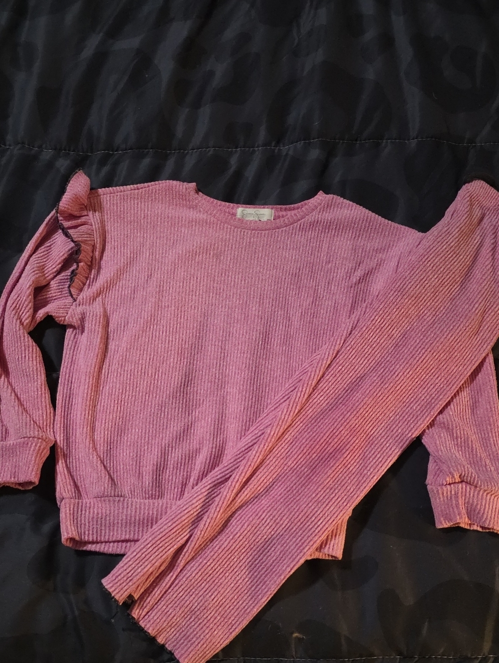 Jessica Simpson Pink Ribbed Long-Sleeve Top with Ruffle Shoulder